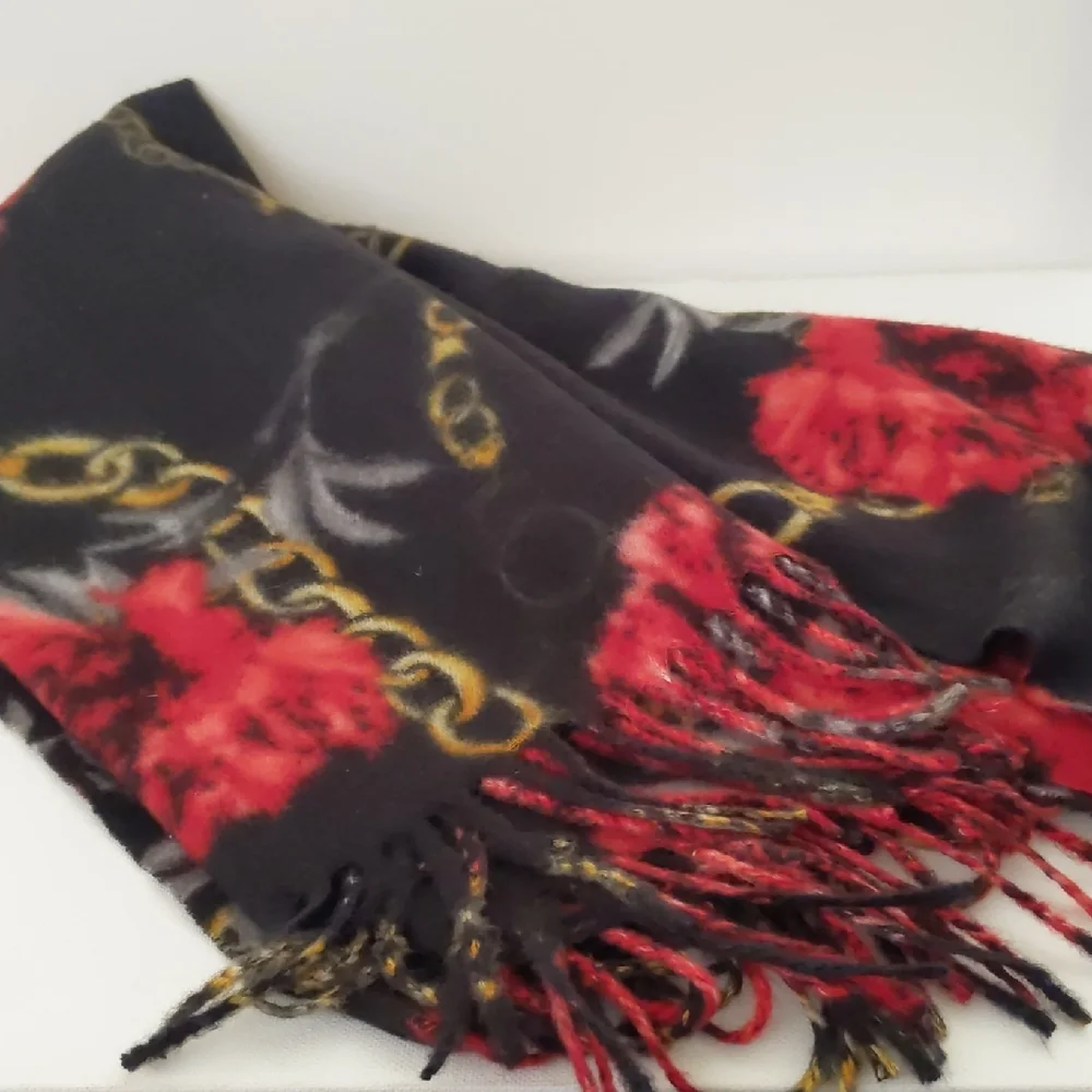 Chain and Red Flowers Large Soft Wrap Shawl Scarf Wool Blend